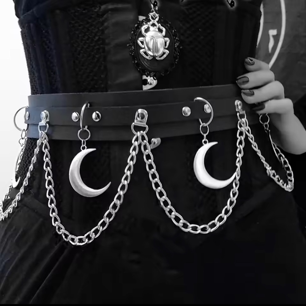 Black and Silver Chain Belt with Crescent Charms